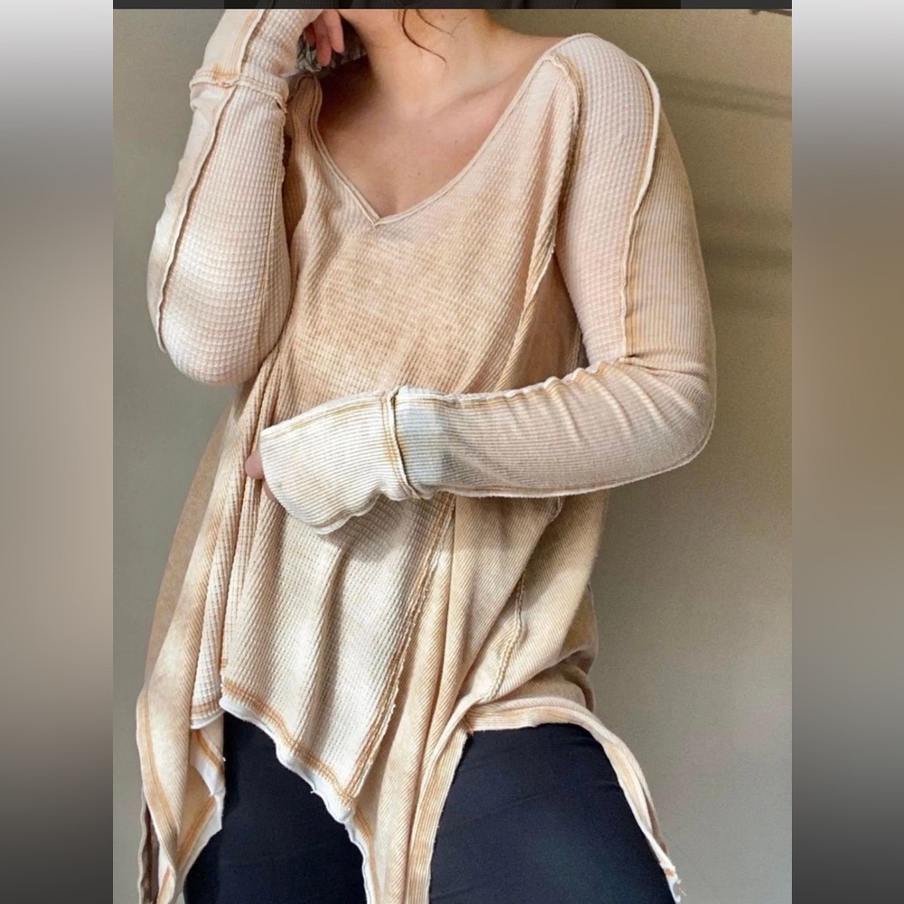Free People Thermal waffle knit Oversized Raw Uneven Hem boho beige Top XS/S/M
